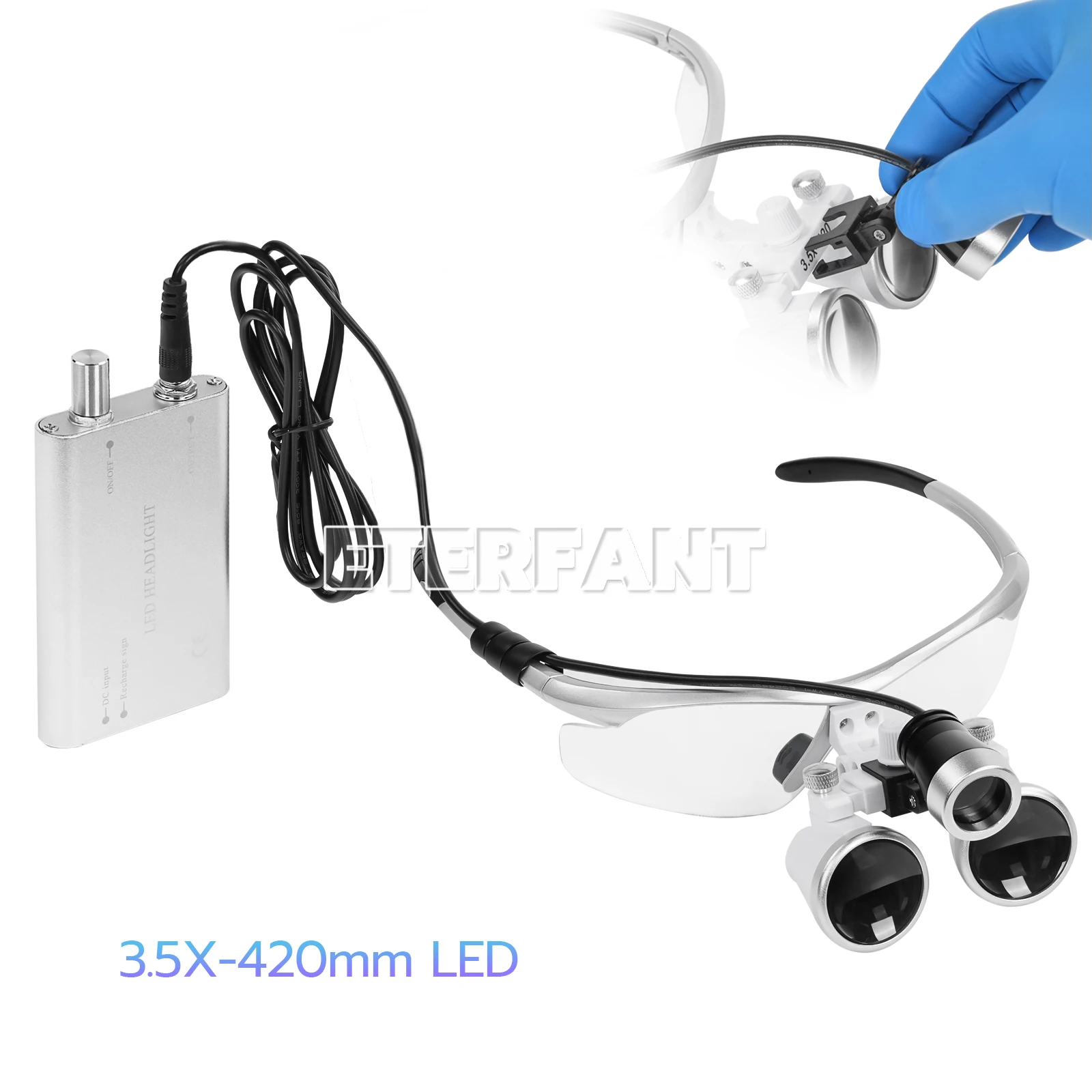 

ETERFANT Dental Magnifier Medical Binocular Loupes Surgical LED 3W Head Light Lamp Optical Lens 420 mm Silver