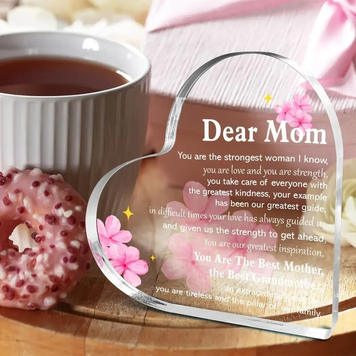 Mothers Day Gifts,Transparent Heart Acrylic Ornament Watercolor Pink Flower Mother's Day Appreciation Decor