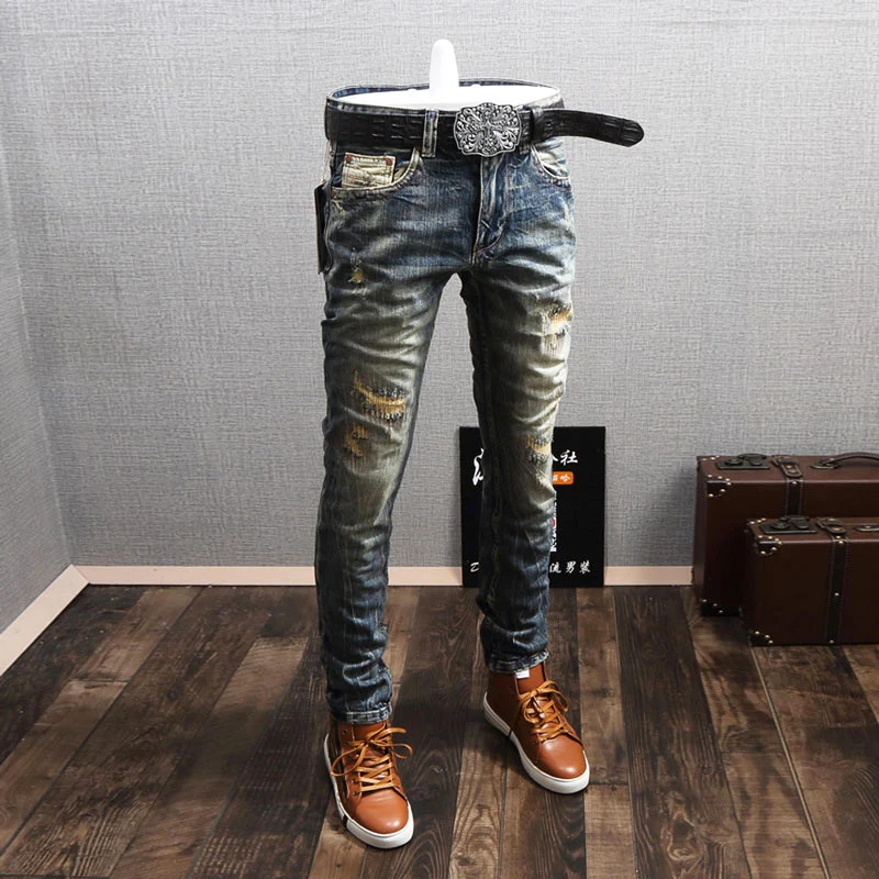 Streetwear moda masculina calças de brim retro azul fino ajuste destruído rasgado jeans retalhos designer vintage casual denim calças hombre