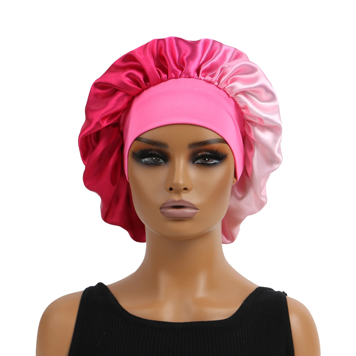 Satin-Seiden-Mütze mit Frontalwickel, breites Band, bunter verblassender Druck, weiche Nachtkappen, Haarschutz beim Schlafen, extra große Größe