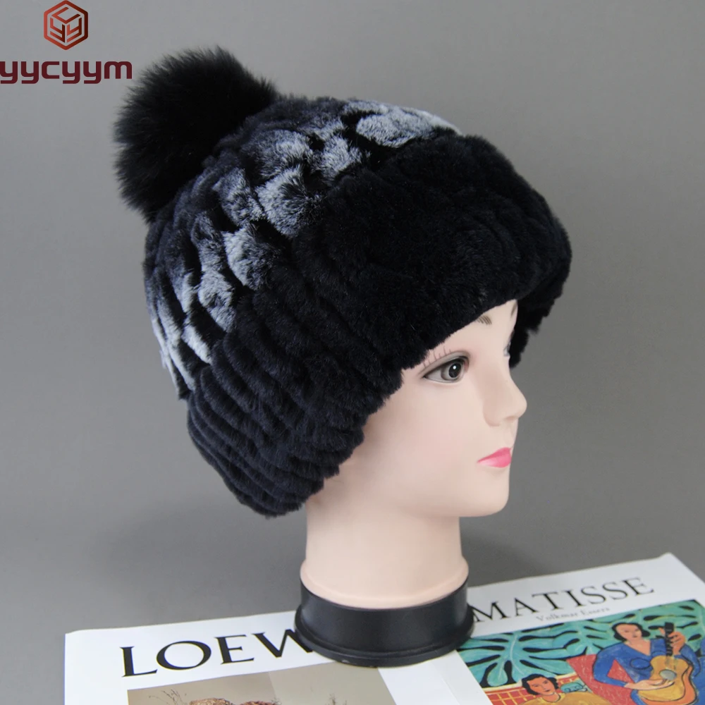 

New Winter Women Elasitc Warm Hand Knitted Real Rex Rabbit Fur Caps Fox Fur Pompoms Beanies Cap Natural Real Rex Rabbit Fur Hat