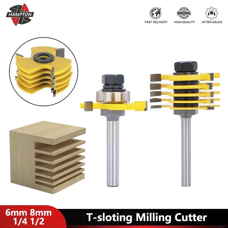 

6/8mm 1/2 1/4 Shank Adjustable Tenon Cutter 2pcs Slot Cutter T Slotting Milling Cutter 3 Wing Router Bit For Woodworking Tool