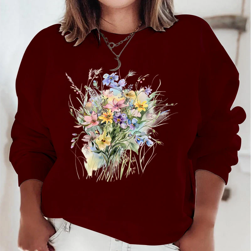 

Women's Fashion Hoodie Flower Print Fashion Autumn Daily Long Sleeve Round Neck Loose Pullover Wild Flower Boho Style Sweatshirt