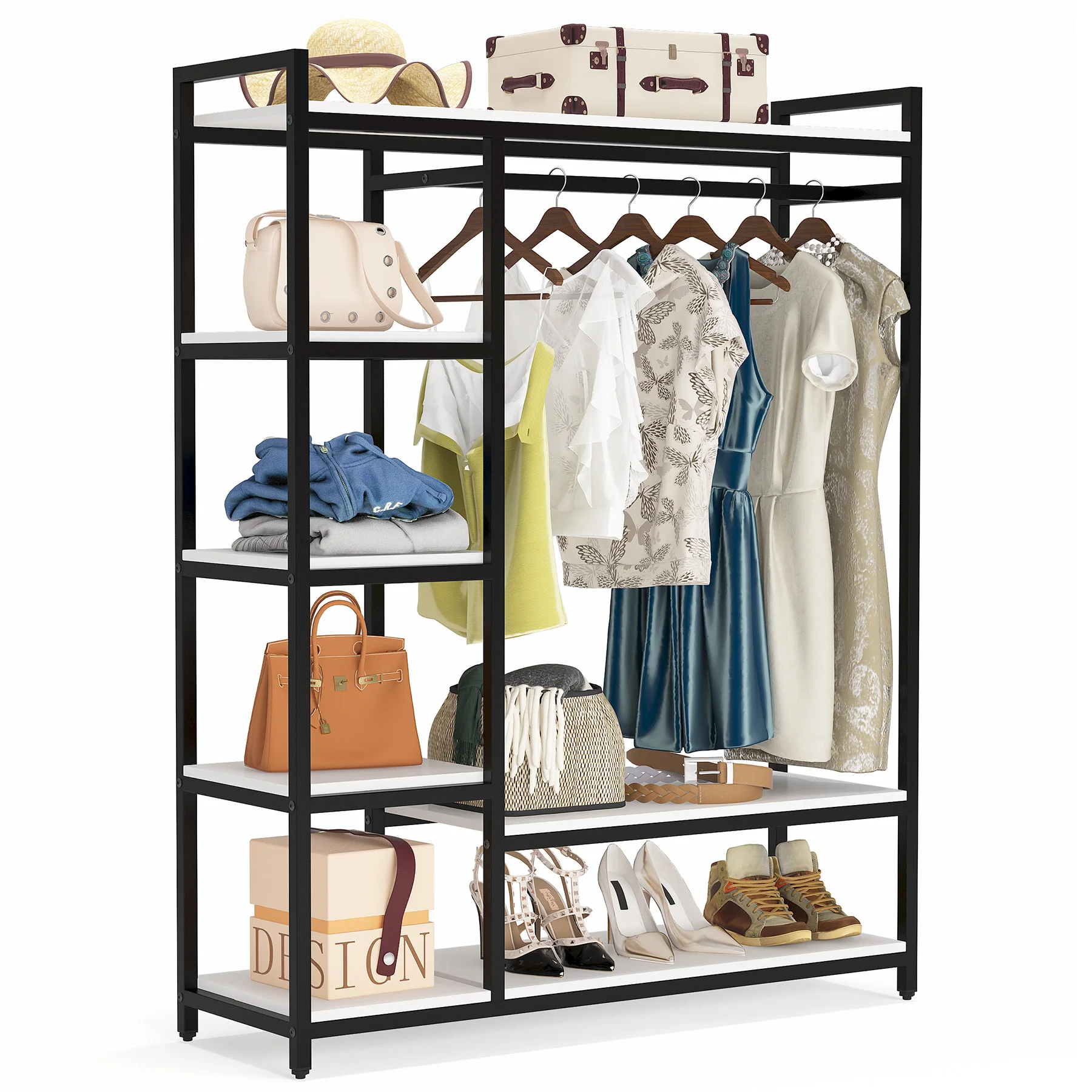 Tribesigns Free Standing Closet Organizer Large Standing Clothes Garment Rack With 6 Storage Shelves And Hanging Bar