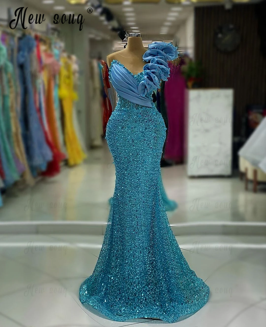 Vestido de festa azul claro feminino, Trompete, frisado, lantejoulas, vestidos de noite, vestido de casamento árabe, na moda, vestidos para ocasiões formais