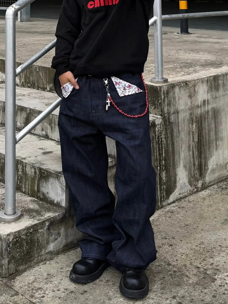 

Cleanfit American Retro Floral Design Original Malt Jeans Men's Straight Loose Wide Leg Long Pants Youthful Trendy Workwear