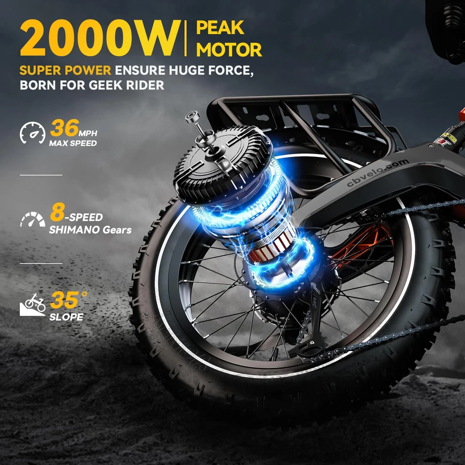 Cybervelo EK6 Fat Tire Electric Bike 2000W Peak 20 Inch Foldable 8-Speed Dual 20Ah Waterproof Battery for Adults image 3