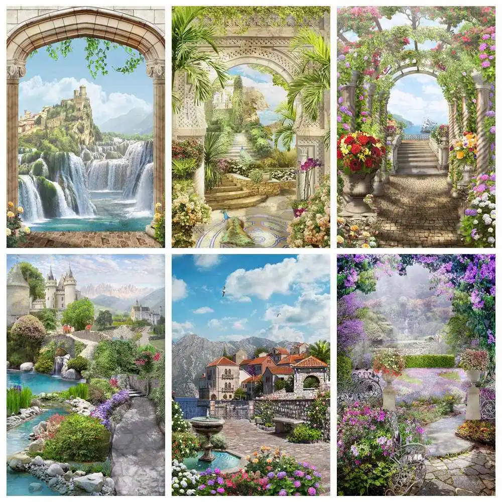 

Rural Arch Door Photo Frame Backdrop Photography Garden Park Mountain Waterfall Studio Photo Background Spring Scenery Photocall