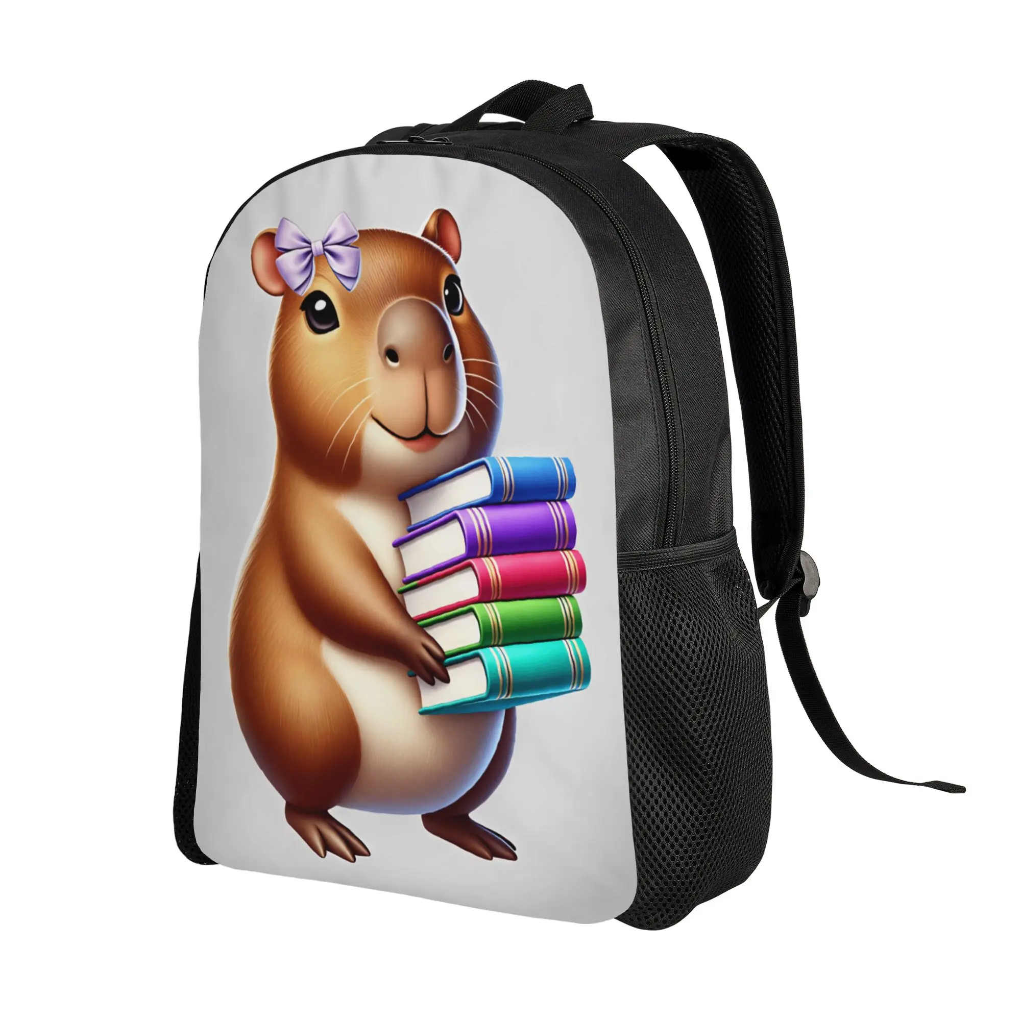 Girl Capybara Purple Bow Holding Stack Of Colorful Books Cartoon Backpack  Outdoor Backpacks Women Designer Large Bags Rucksack