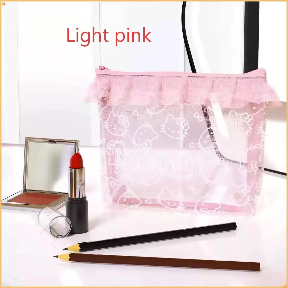 Kawaii  Cartoon Mesh Storage Transparent Bag Portable Hello Kitty Cosmetics Storage Bag Suitable for Girls' Daily Travel Decorat