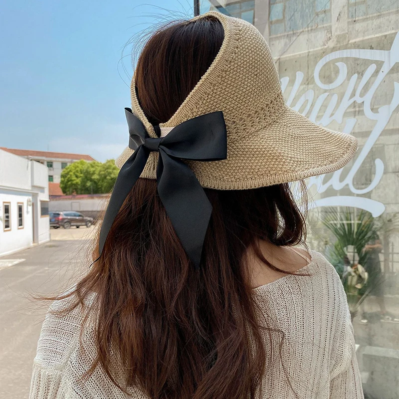 Women Summer Big Wide Brim Straw Hat Female UV Protect Ponytail Beach Sun Hats Hollow Top Foldable Ribbon Bows Ladies Panama Cap