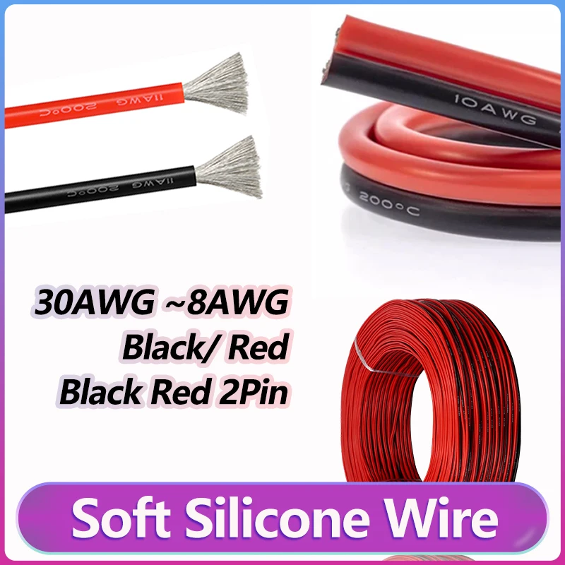 

30 28 26 24 22 20 18 16 14 12 10 8AWG Soft Silicone Wire Black Red 2Pin Cable Solar Panel Car Battery Tinned Copper Wire