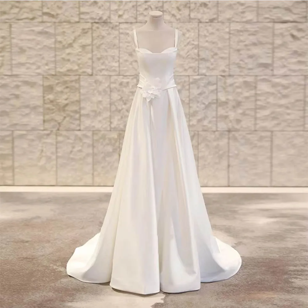 Customized Spaghetti Straps Wedding Dresses With Small Train New Satin Bridal Dress Elegant A line Simple Formal  Bridal Gown