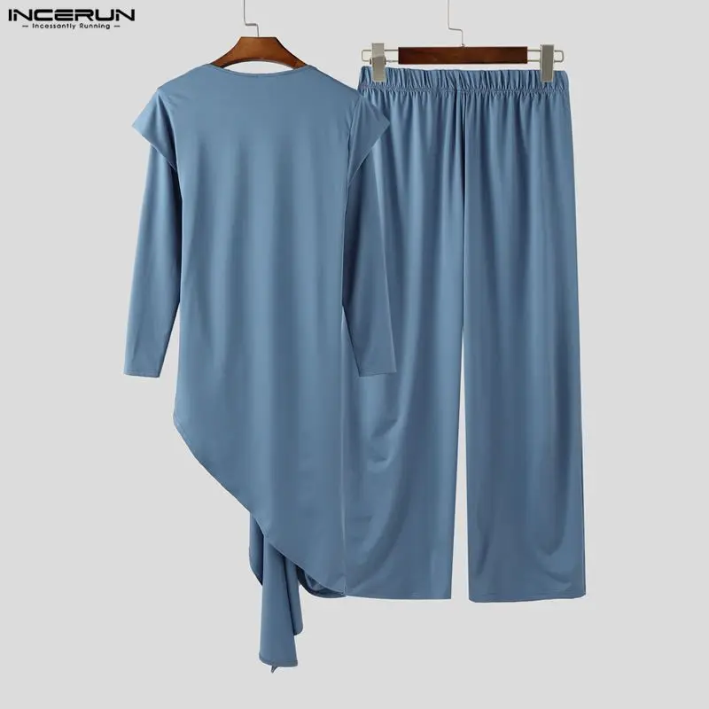 INCERUN مجموعات الرجال الصلبة مطوي الخامس الرقبة طويلة الأكمام نمط طويل قميص وسراويل قطعتين مجموعات الشارع الشهير موضة الرجال الدعاوى غير رسمية