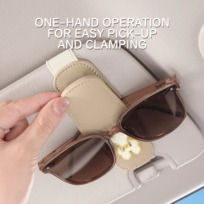 

MIXSAS Cute Bear Car Sun Visor Glasses Clip Microfiber Leather Magnetic Sunglasses Clip Ticket Card Holder Multi-Functional