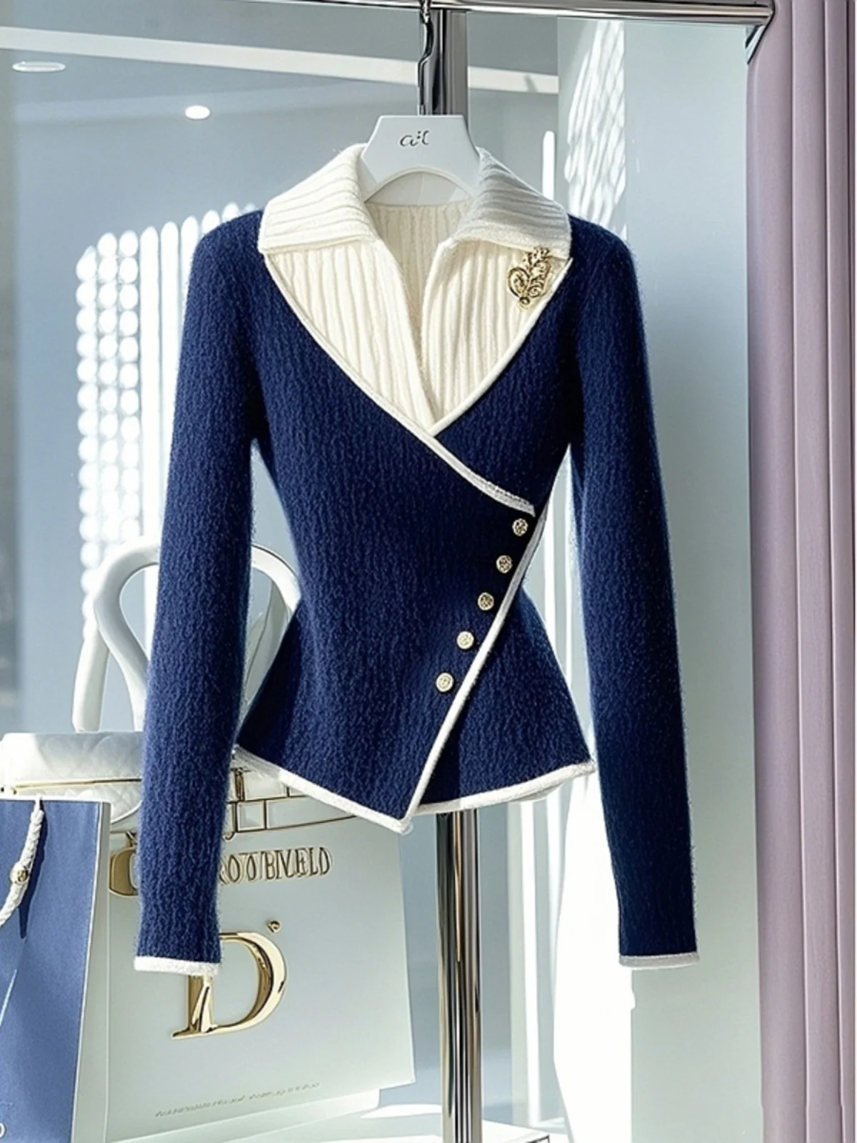 Thickened Blue Knitted Sweater Women's Fashionable Inner Wear Unique Waist-Cinching Design Premium Quality Autumn Winter Style
