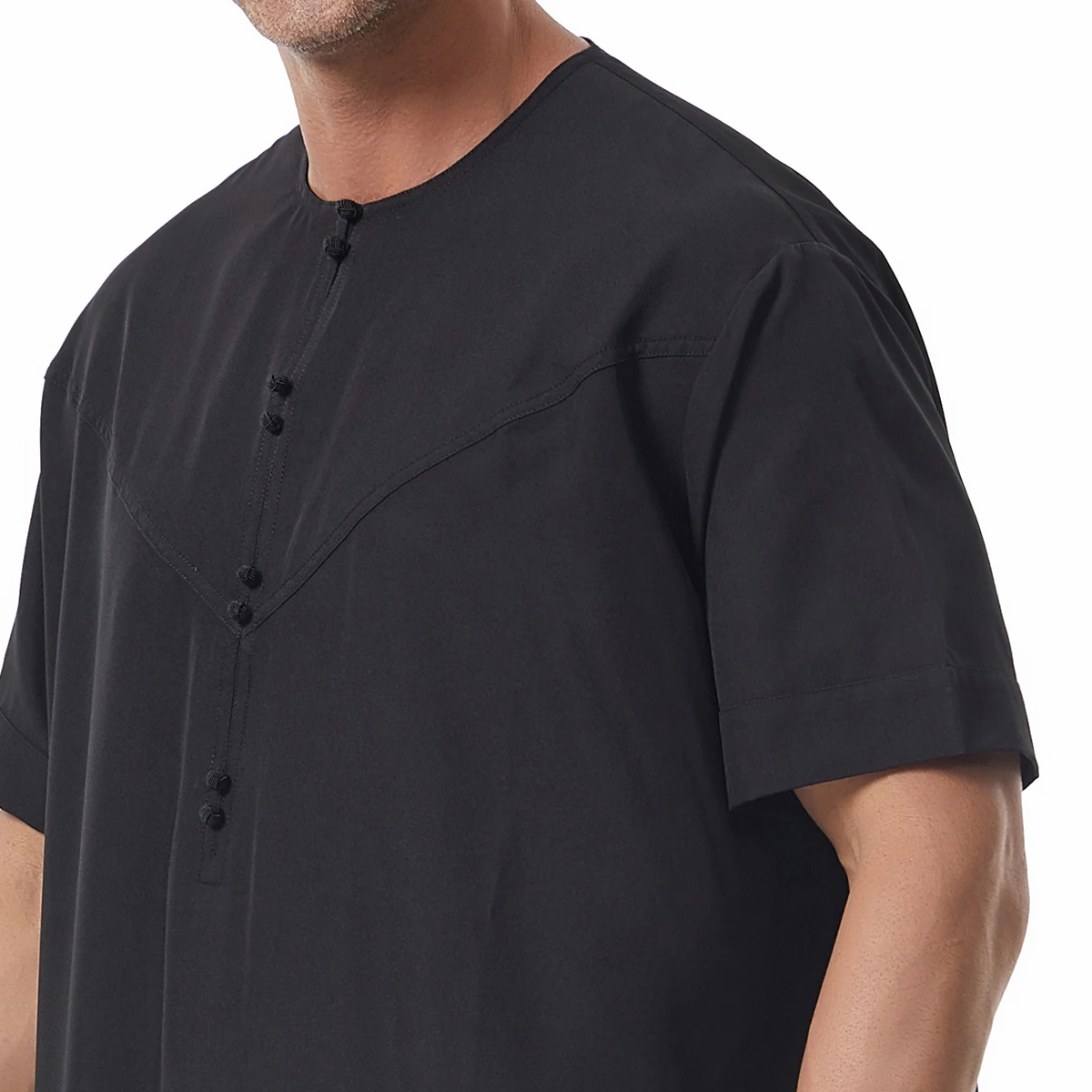 TH845 Muslim Men's Short Sleeves Pure Color Ankle Length Round Collar Button Robe Islamic Kaftan