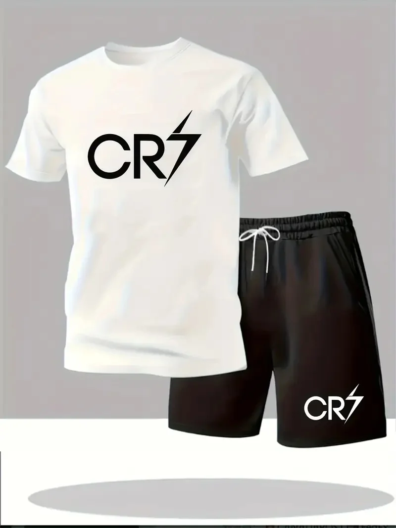 

Summer fashion street short sleeved sports suit men's sports shirt set men's round neck short sleeved shorts sports suit 2-piece