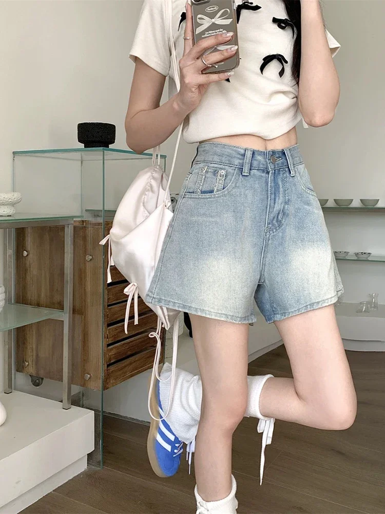 

Retro High Waist Slim Denim Women Shorts Simple Basic Fashion A-line Shorts Female Chicly Summer New Casual Loose Woman Shorts