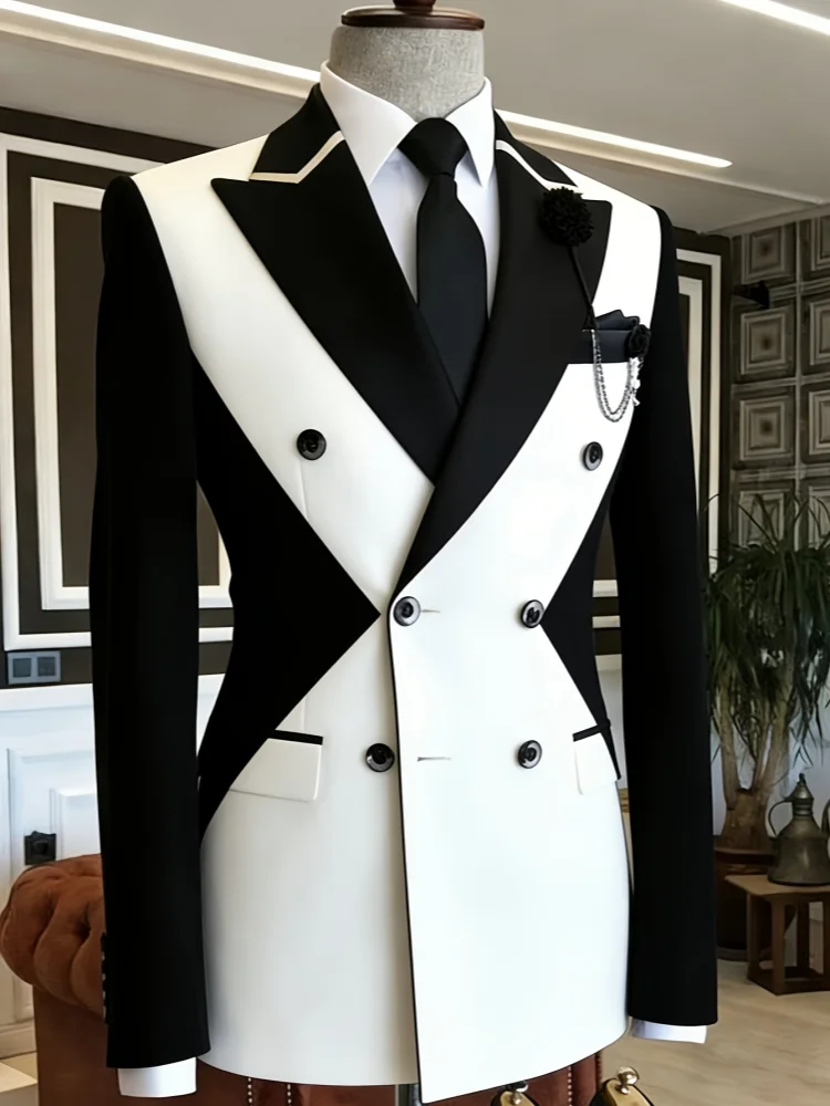 Men Slim Fit Black White Color Block Business Blazer Double Breasted Peak Lapel Suit Jacket for Wedding Groom Prom Party Stage