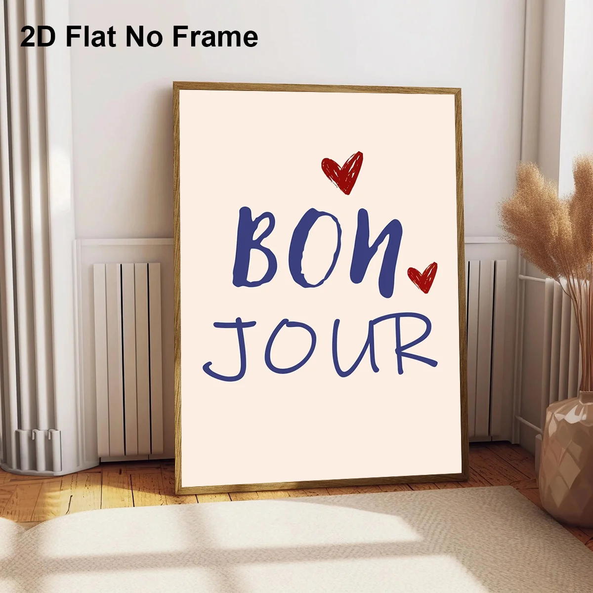 2D Flat, 2D Flat, 1pc Frameless Canvas Poster | Cute French Quote Bonjour with Red Hearts, Retro Style Handwritten Text, Typo