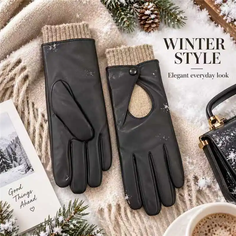 1Pair Women's PU Gloves, Extra Long Plus Size, 30/70 Wool Lined, Windproof Fashion Warm Winter Gloves for Commute