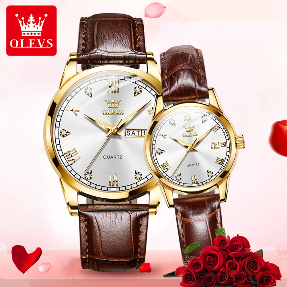 OLEVS Couple Watches Business Fashion Casual Leather Strap Lover Wristwatch Luxury Elegant Vintage Original Brand Pairs Gift Box