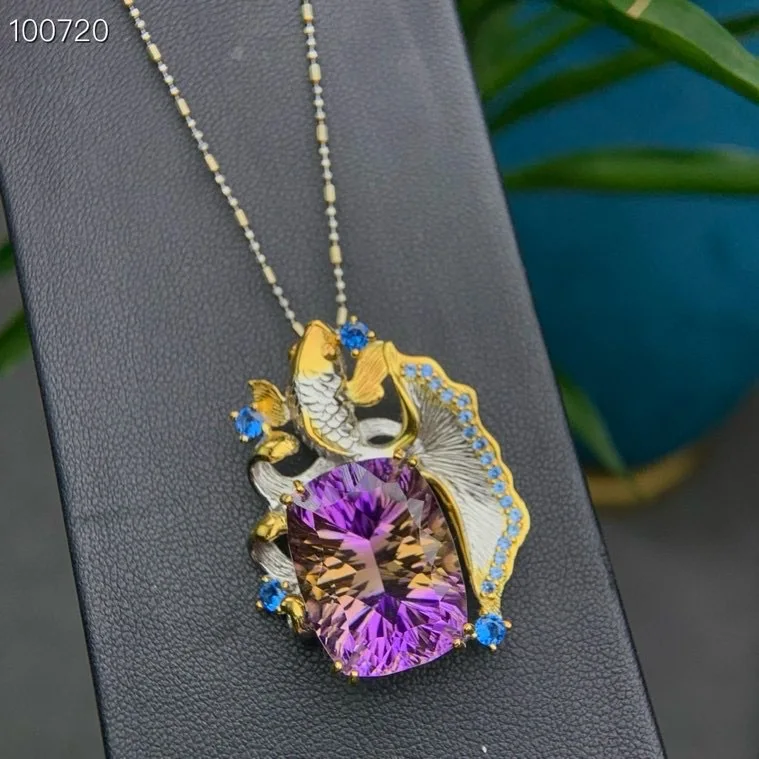Ocean Fairy Tale Natural Ametrine Pendant, 925 Silver Two-Tone Handmade Gemstone Jewelry Gift for Women