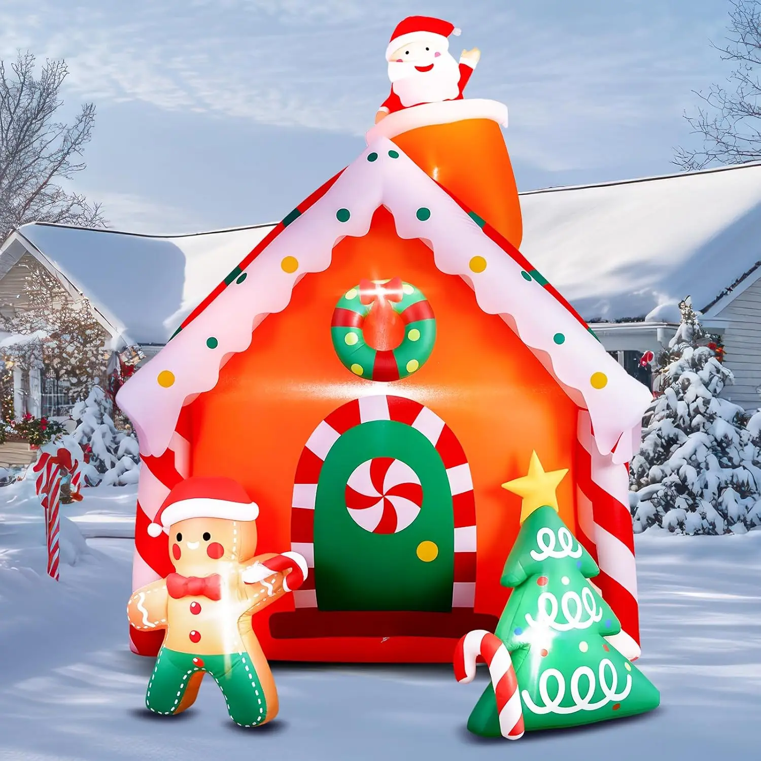 7.5 FT Gingerbread House Christmas Inflatables with Built-in LED Lights for Outdoor Xmas Party Holiday Decorations