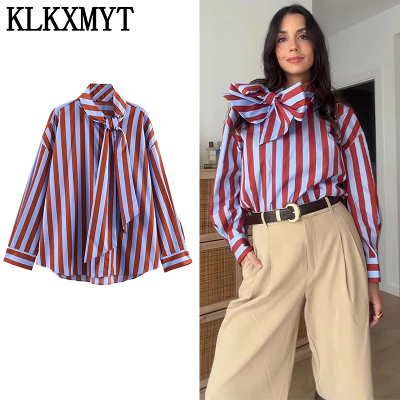 

KLKXMYT Striped Bow Women Casual Asymmetric Shirt Fashion 2026 Spring Single Breasted ShirtS Streetwear Chic Female Shirt Tops