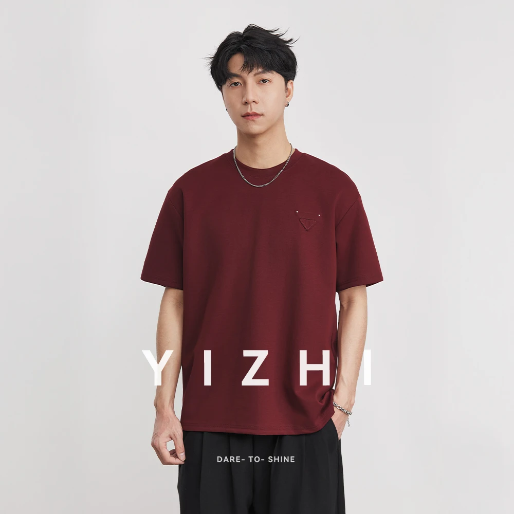 Men's Heavyweight 280g 2026 Summer New Cotton Solid Color Short Sleeve T-Shirt Crew Neck Triangle Label All-match Minimalist Tee