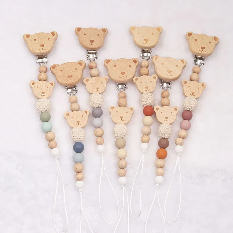 New Wooden Bear Baby Pacifier CLIPS Chain Silicone Bead Dummy Nipple Holder Guard Teether Pendant Newborn Gift Stuff 0-6 MONTH