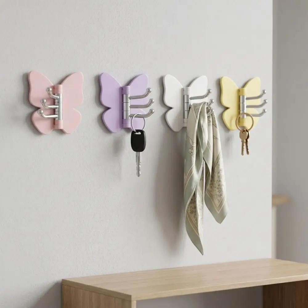 4PCS Plastic Rotating Butterfly Wall Hooks Wall Mounted Self Adhesive Butterfly Triple Hook Space Saving Decorative