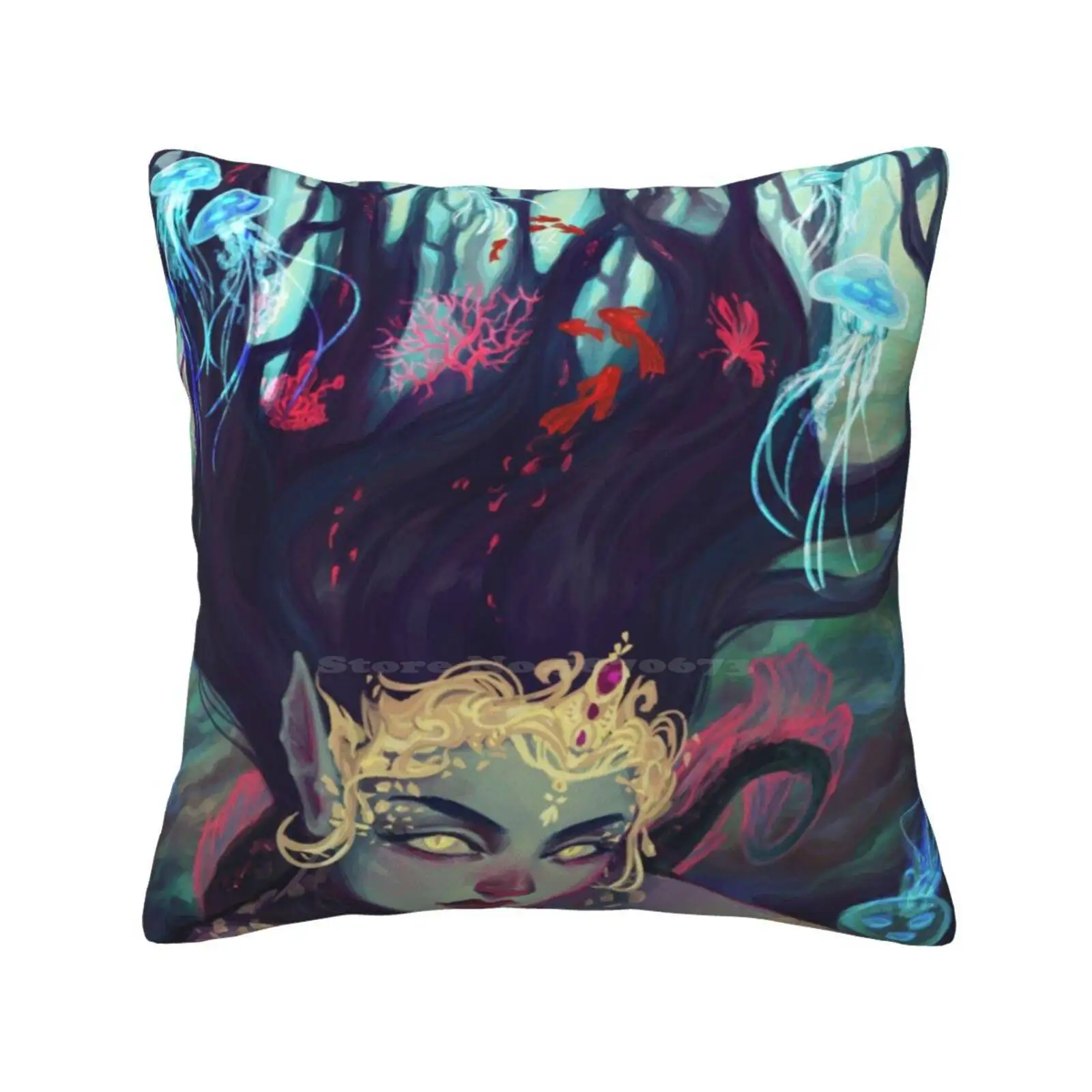 Abyss Mermaid Pillowslip Pillowcase Abyss Creature Mermaid Woman Crown Gold Ocean Jellyfish Water Sea Fantasy Plants