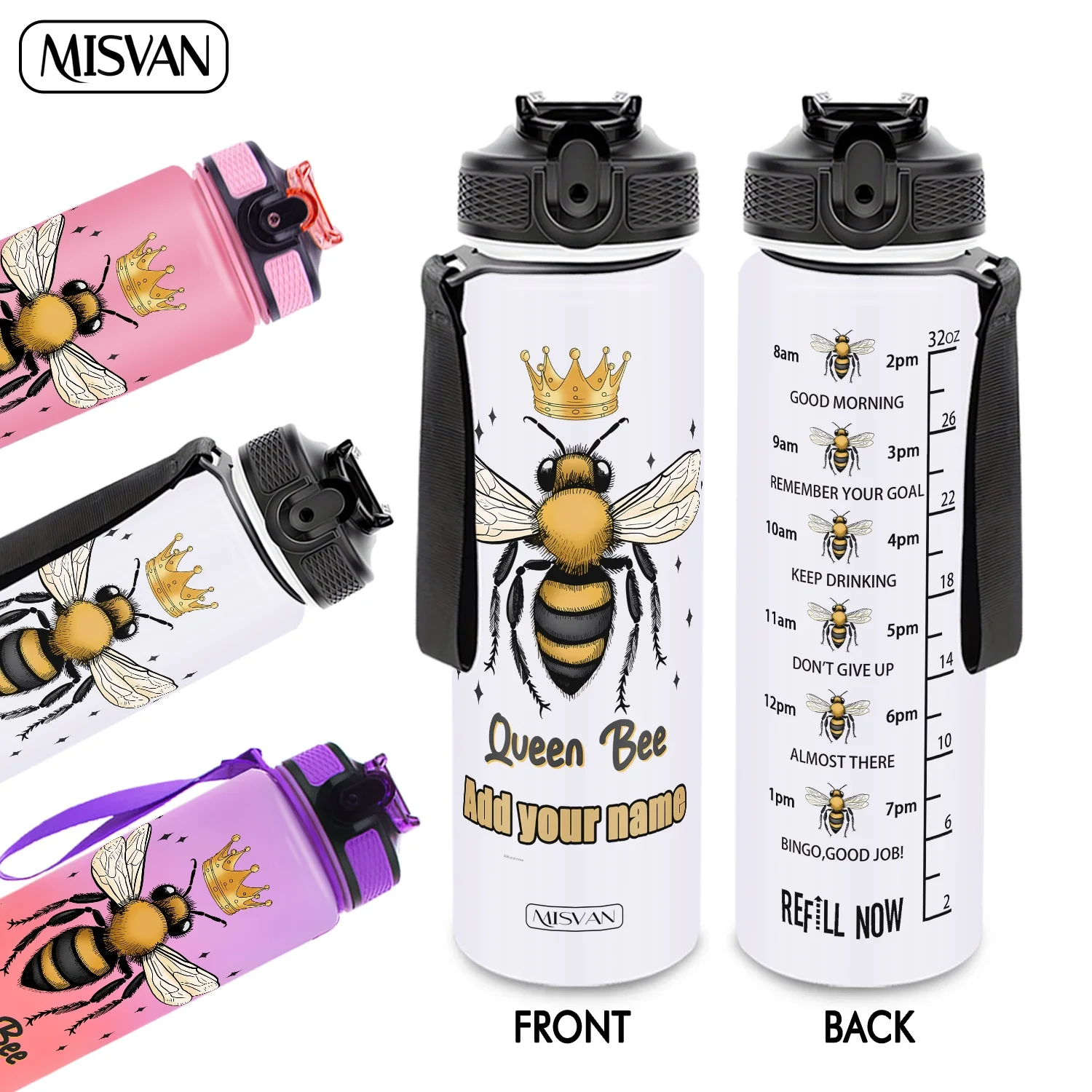 

Бутылка для воды 32 унции с индивидуальной гравировкой, дизайн «Queen Bee», для ежедневного учета потребления воды, для спортзала, активного отдыха и велоспорта.