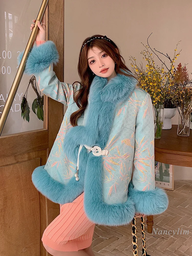 2023 New Chinese Style Buckle Imitation Fox Fur Coat Women\'s Fashion Embroidered Cape Coat Winter Party Daily Fur Coats Street