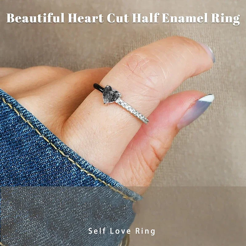 Schwarzer herzgeschliffener halber Emaille-Ring, selbstliebende Versprechensringe, Geschenk, Schmuck, Geburtstagsgeschenke für Frauen, Mädchen, Tochter, Ehefrau, Freunde – Detail 3