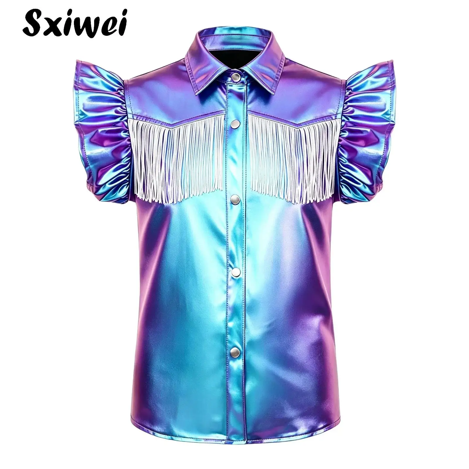 Children Western Cowgirl Metallic Shirt Ruffle Tassel Fringed Shiny Hip-Hop Jazz Dance Tops Halloween Cowboy Performance Clothes