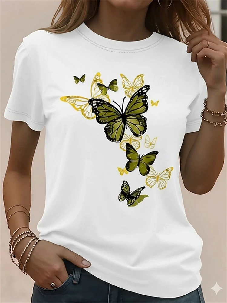 Women's Summer-Ready Short-Sleeve Top Elegant Butterfly-Print Round-Neck T-Shirt Relaxed and Comfortable Women's Top