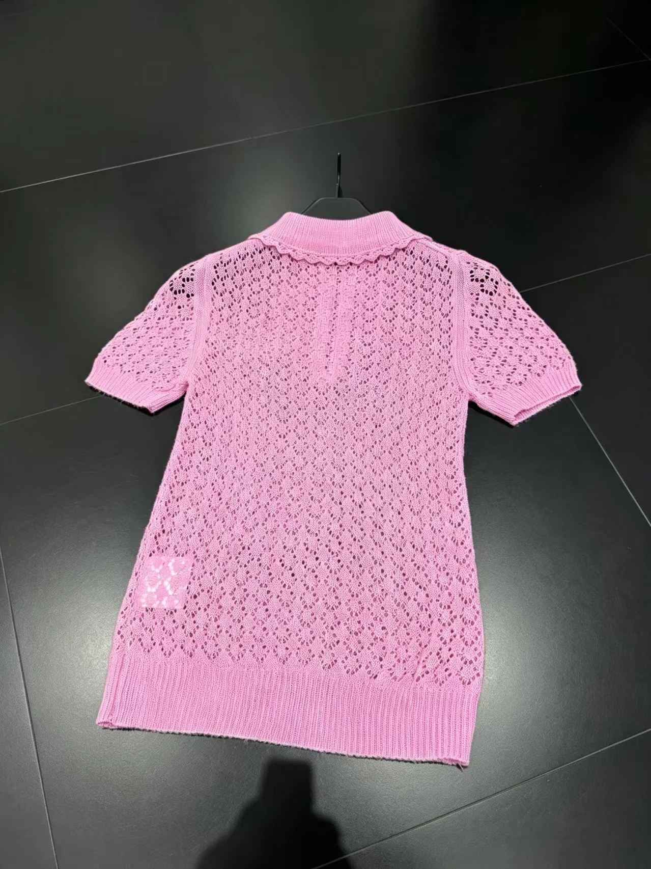 New French peach pink diamond grid hollow Polo knitted short sleeved lace doll collar half zipper slim fit girl's top