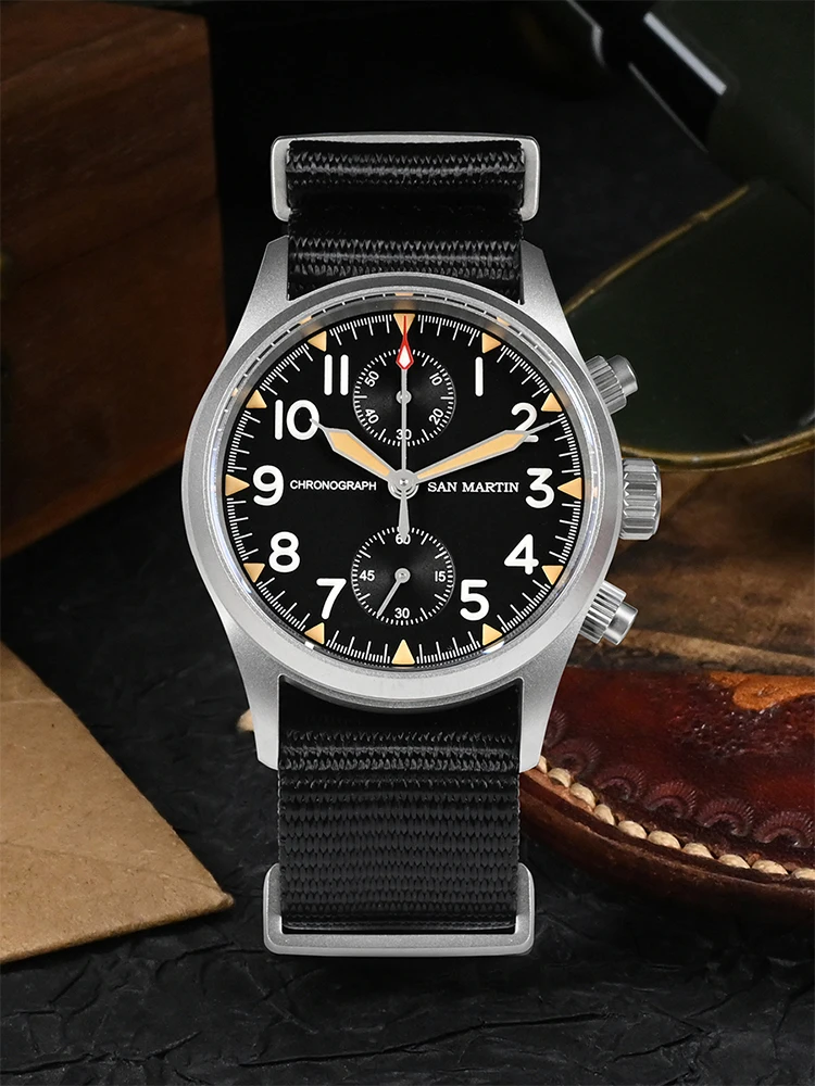 San Martin New 37mm Pilot Watch Chronograph Vintage Military Mens Watches VH61 Quartz Wristwatch Sapphire Nylon Strap 10 ATM