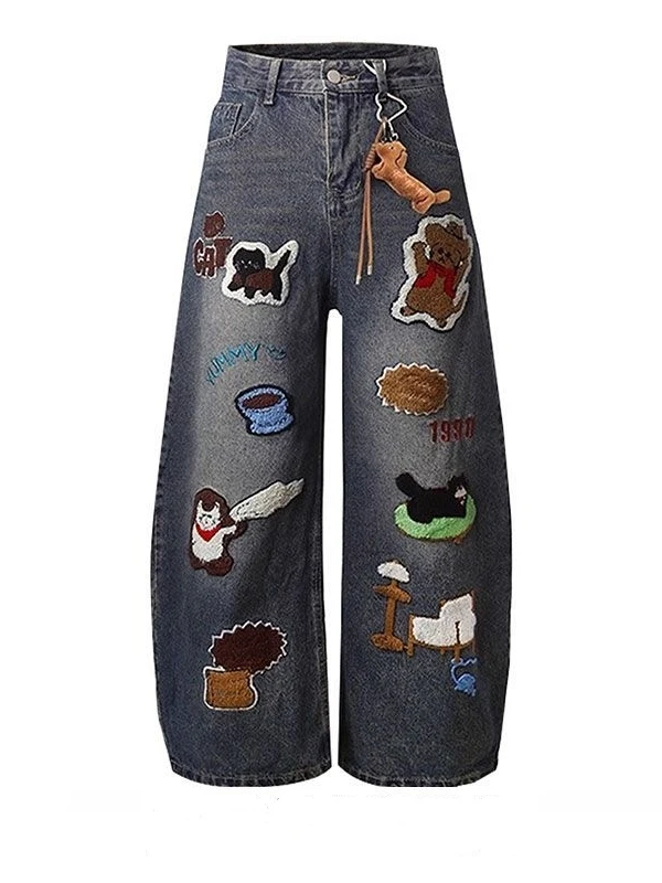 

Large Size Cartoon Embroidered Patchwork Denim Pants Men's Autumn Winter High Street Style Wide Leg Knife Jeans