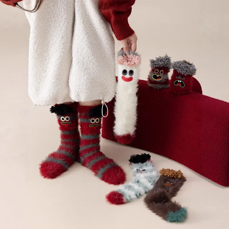 

Носки для сна с забавными выражениями и вышивкой, толстые теплые зимние носки из норкового меха, мягкие удобные женские носки средней длины, носки