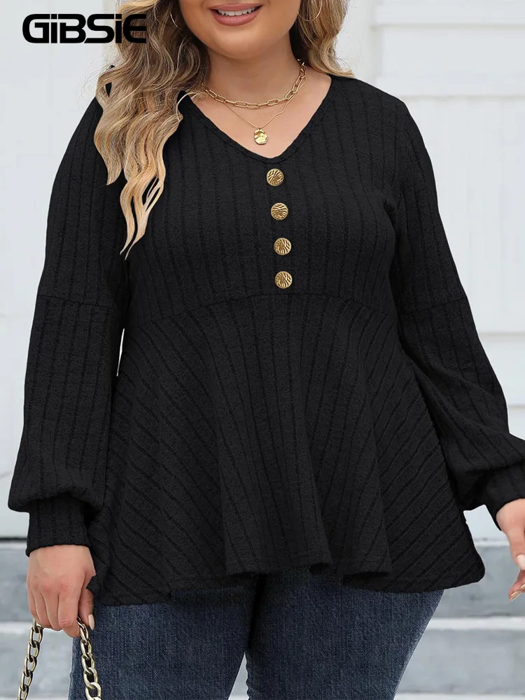 

GIBSIE плюс размер, однотонный топ с v-образным вырезом и пуговицами спереди, женский топ с баской, осень 202, черная футболка в рубчик с длинными рукавами, женские повседневные футболки