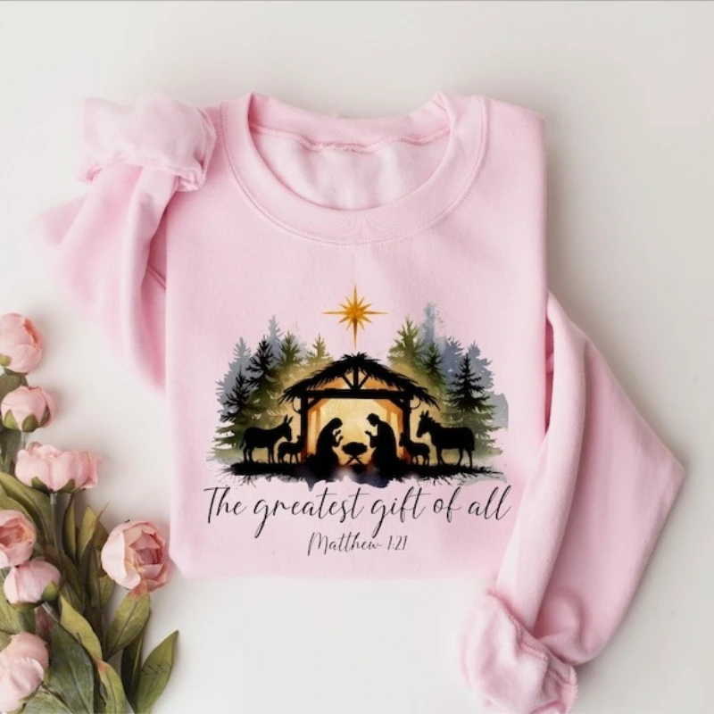 Nativity Scene The Greatest of All Christian Sweatshirt Matthew 1:21 Faith Xmas Religious Holiday Gift Winter Matching Hoodies