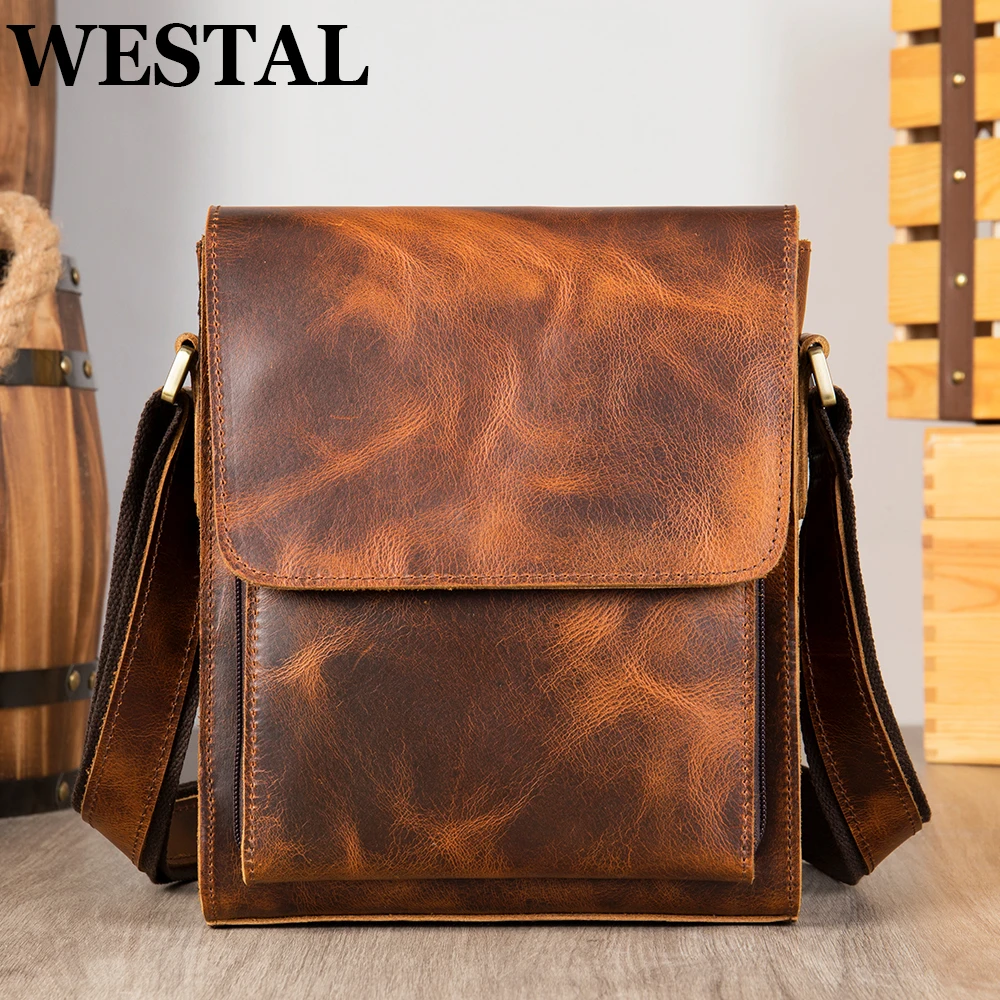 WESTAL Men\'s Leather Bag Casual Shoulder Bag Genuine Leather bolsas Flap Dropshipping Men\'s Desinger Messenger Bags Male 7433