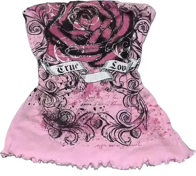 American retro European-style hot girl rose print sexy plunging-neck top flatters fashionable punk style and high street vibe