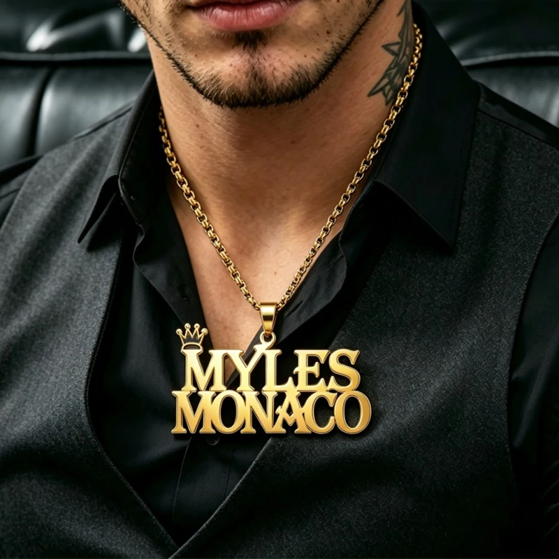 Customized Name Necklace Crown Initial Pendant Personalized Jewelry for Women Men Girls Boys Stainless Steel 18K Gold Plated Cha