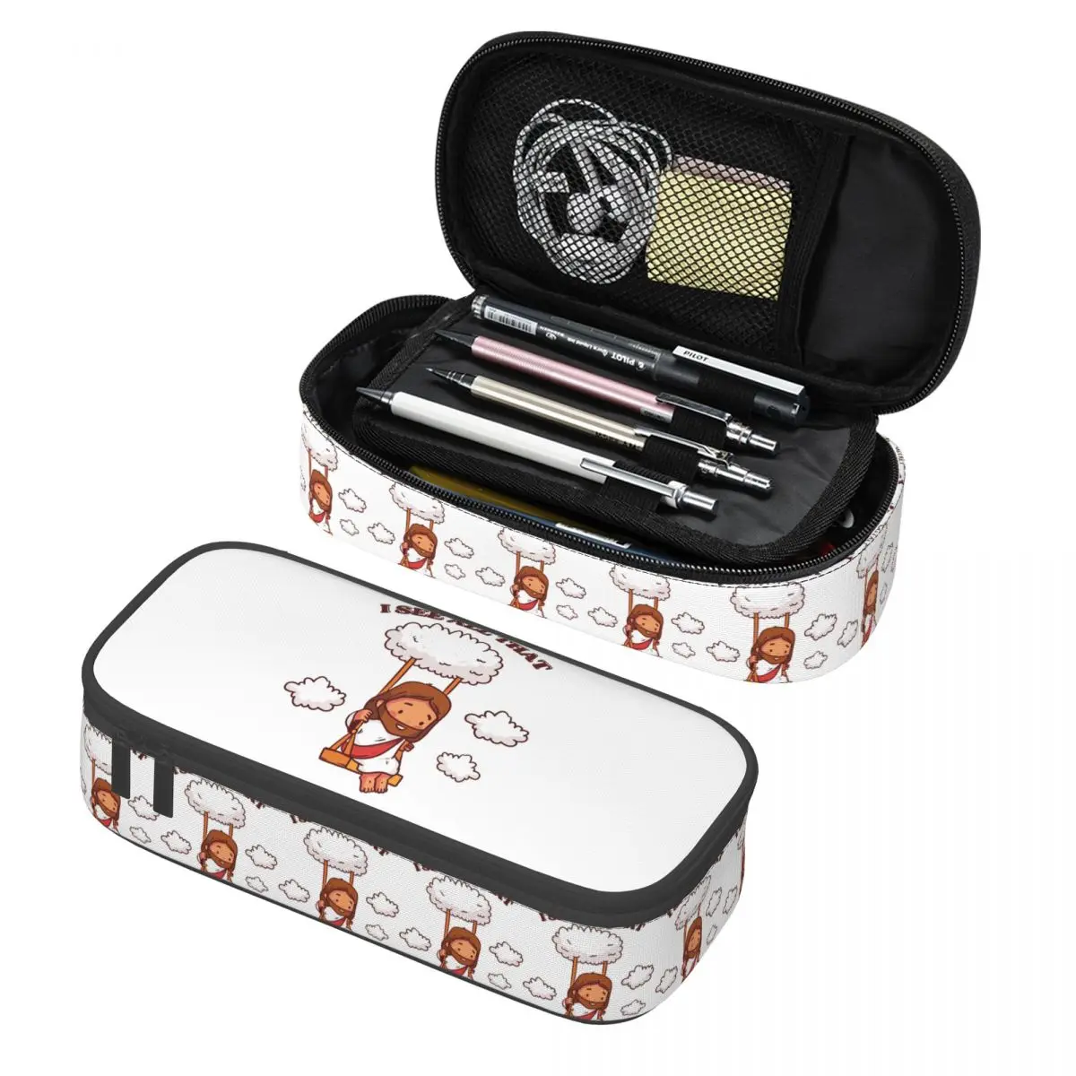I See All That Cute Jesus On A Cloud Swing Pencil Case Pencil Pouch Storage Stationery Supplies Large Storage Pen Box Pencil Bag