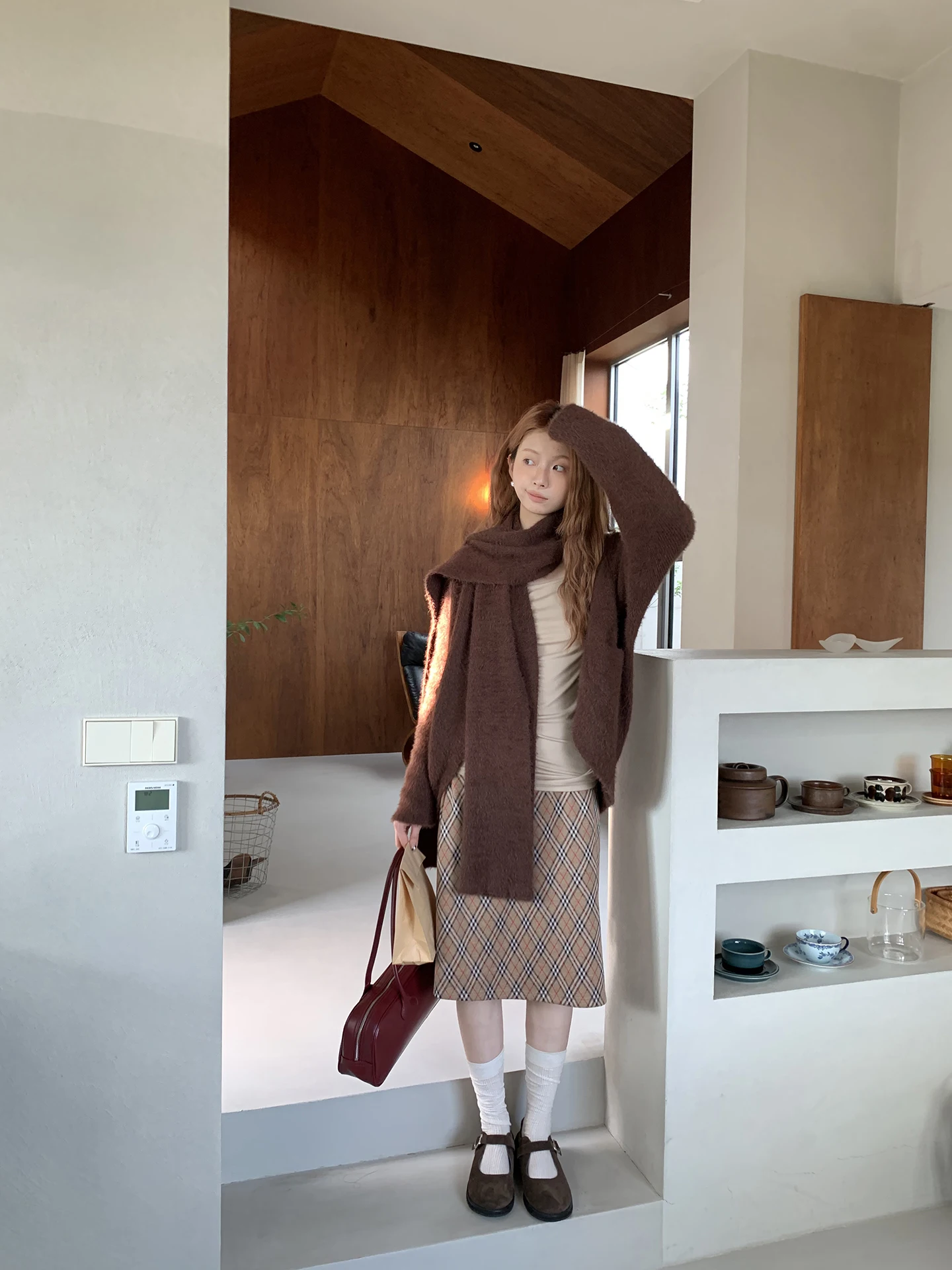 Rood Celebri gebreid open vest dames herfst Faion 2025 nieuwe Lazy Sle Top Coffee Design Sense trui jas